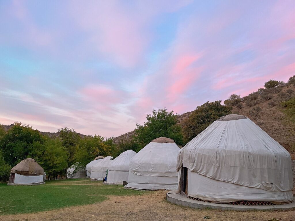 Yurts under Evening Sky